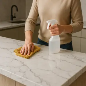 תחזוקת משטחי שיש על ידי אדם מנקה משטח שיש למטבח עם מטלית צהובה ובקבוק ספריי. הם לובשים סוודר בז', כשברקע נראה כיור המטבח.