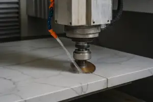 עיבוד והתקנת שיש מכונת CNC החותכת במדויק לוח של שיש בצבע בהיר, עם התזת נוזל קירור מים מזרבובית מחוברת כדי להפחית חום וחיכוך במהלך התהליך.