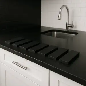 שבעה אריחים שחורים מלבניים מונחים במרווחים שווים על משטח שיש למטבח שחור במטבח מודרני עם ארון לבן, ידית כסף, כיור נירוסטה וחיפוי קיר לבן בסגנון רכבת תחתית.