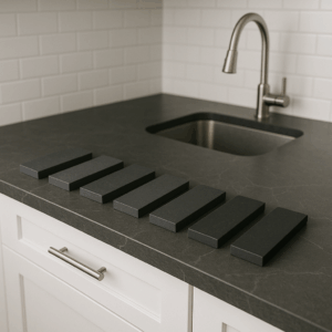 שש דוגמאות מלבניות בצבע שחור מסודרות בשורה על משטח מטבח שיש אפור כהה, עם ארונות לבנים וכיור וברז מנירוסטה ברקע. אריחי רכבת תחתית לבנים מכסים את הקיר האחורי.