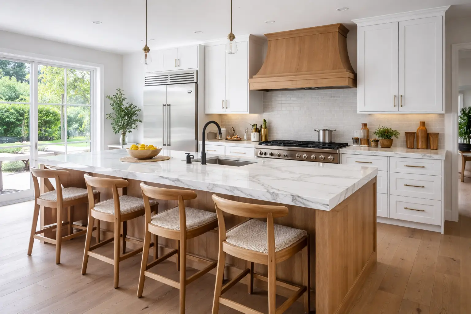 מטבח מודרני עם שיש אי גדול, כסאות בר מעץ, ארונות לבנים, מכשירי חשמל מנירוסטה, קולט אדים מעץ וחלונות גדולים המשקיפים על גינה ירוקה.