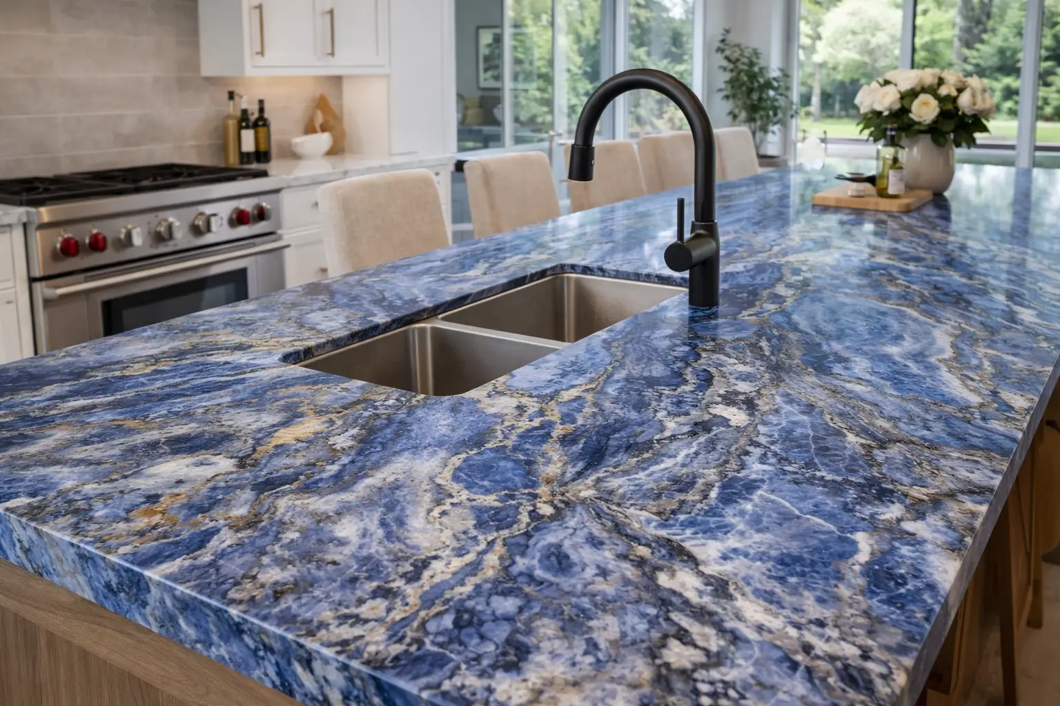 המטבח המודרני כולל שיש כחול למטבח מרשים עם כיור מובנה וברז שחור, כיסאות בצבע בז', ארונות לבנים וחלונות גדולים המשקיפים על נוף ירוק בחוץ.