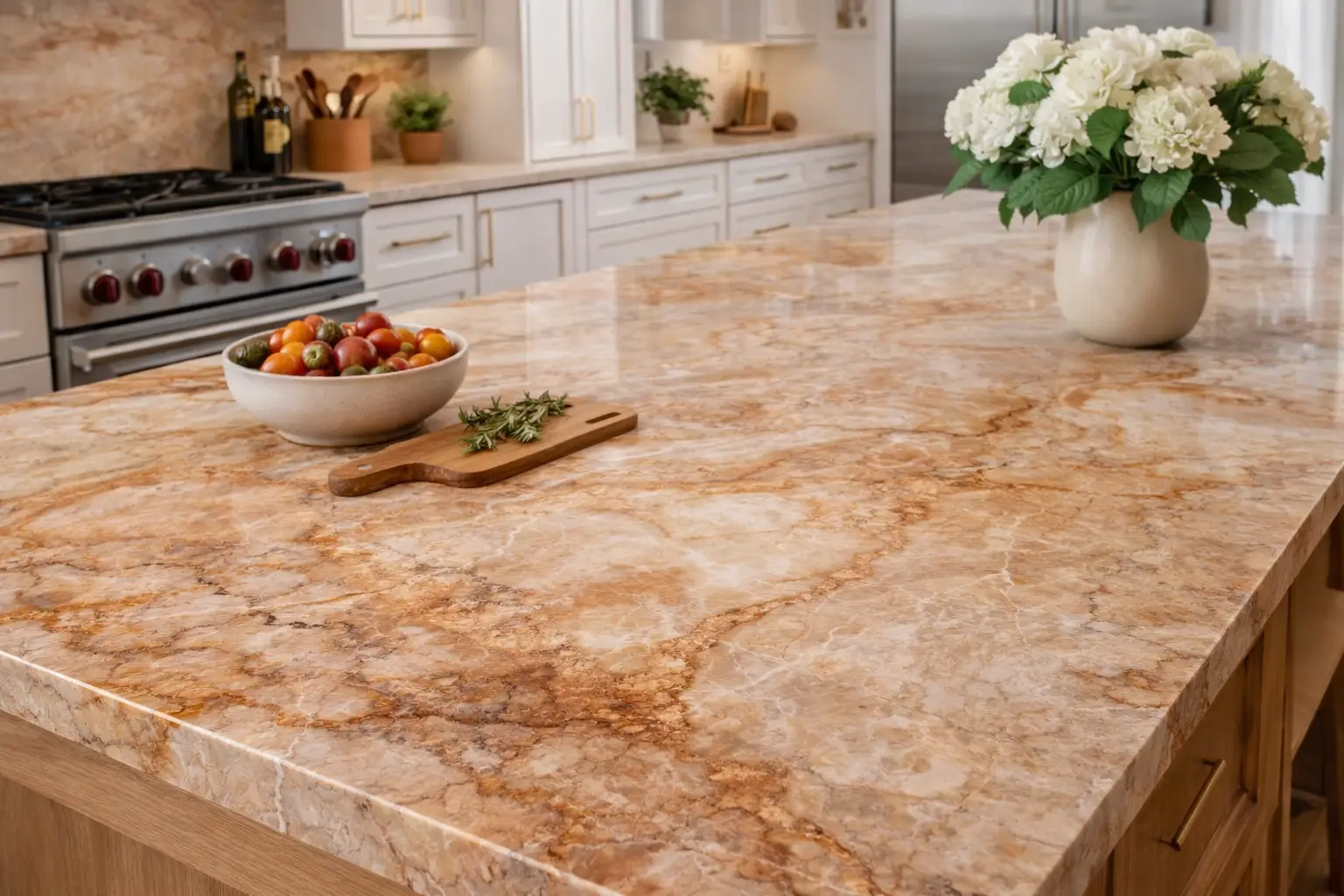 משטח אי מטבח משיש מלוטש בגוונים חמים עם ורידים חומים וזהובים, קערת עגבניות, קרש חיתוך עם עשבי תיבול ואגרטל עם פרחים לבנים. ברקע נראים ארונות לבנים ותנור.