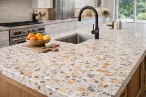 מטבח מודרני עם משטח טרצו המורכבטרצו חוזר לאופנה ומגיע גם למשטחי מטבח. מדריך מלא: ההבדל בין מסורתי למודרני, יתרונות וחסרונות, מחירים ולמי מתאים. מחתיכות אבן בצבעים חום, אפור וכתום, כיור תחתון עם ברז שחור, מגש עץ עם פירות שונים וקערה קטנה.