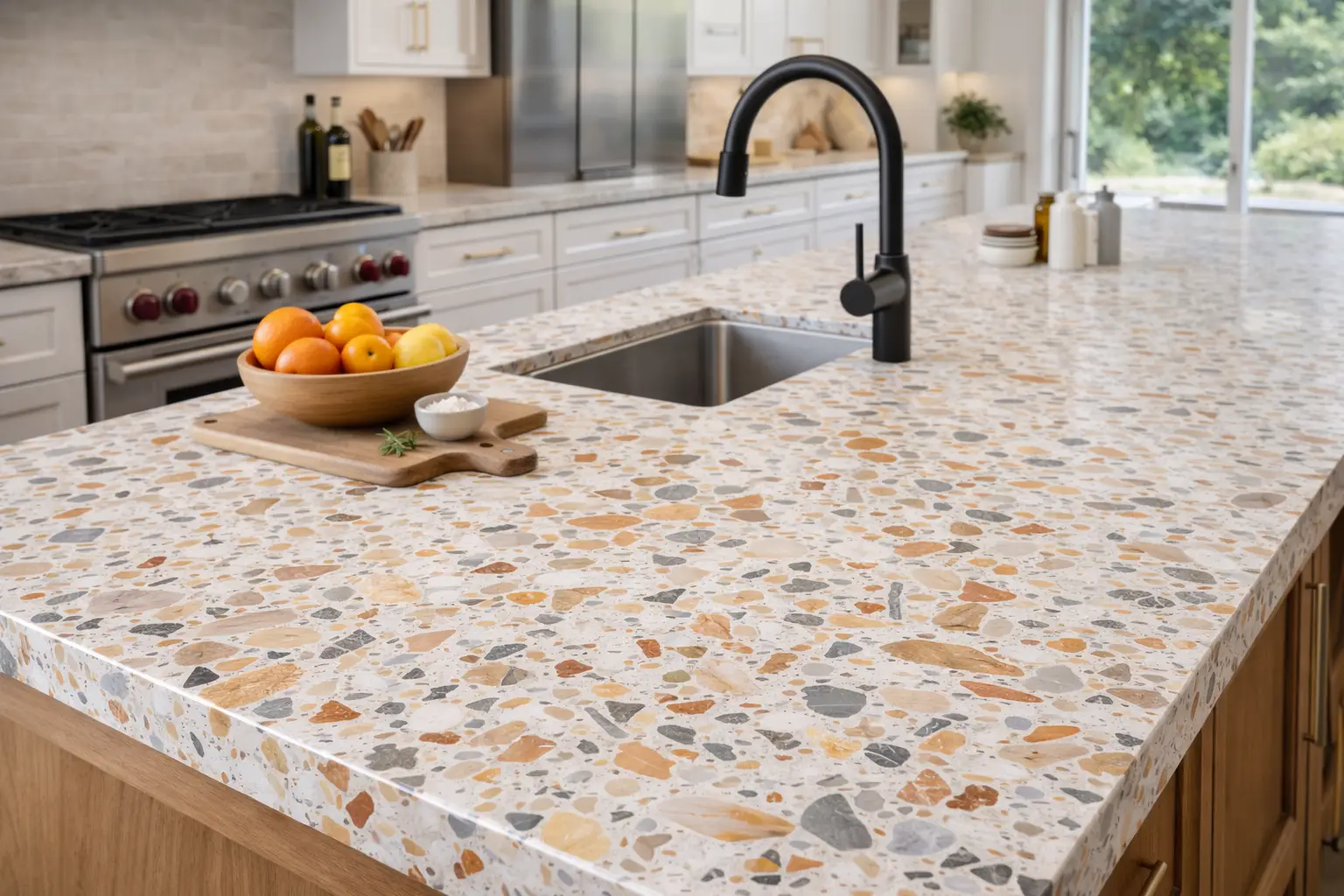 מטבח מודרני עם משטח טרצו המורכבטרצו חוזר לאופנה ומגיע גם למשטחי מטבח. מדריך מלא: ההבדל בין מסורתי למודרני, יתרונות וחסרונות, מחירים ולמי מתאים. מחתיכות אבן בצבעים חום, אפור וכתום, כיור תחתון עם ברז שחור, מגש עץ עם פירות שונים וקערה קטנה.