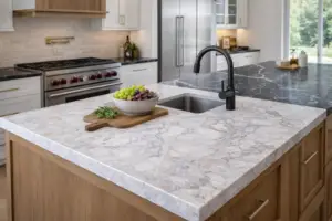 מטבח מודרני עם משטח אי משיש המציג סוגי שיש במטבח, ברז שחור ומלוטש וקערת פירות טריים על קרש עץ. מכשירי חשמל מנירוסטה וארונות לבנים משלימים את המראה המסוגנן.