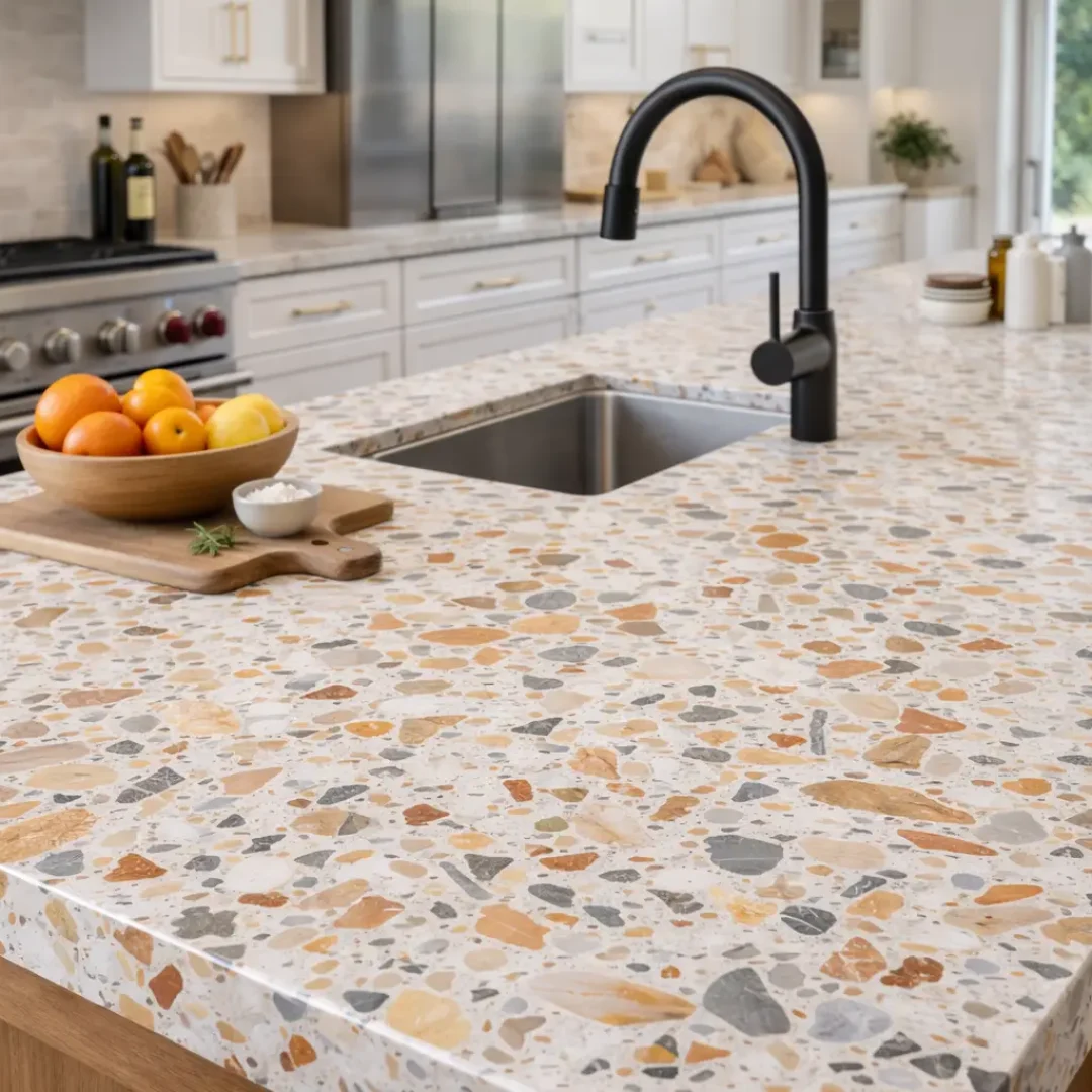 מטבח מודרני עם משטח טרצו המורכבטרצו חוזר לאופנה ומגיע גם למשטחי מטבח. מדריך מלא: ההבדל בין מסורתי למודרני, יתרונות וחסרונות, מחירים ולמי מתאים. מחתיכות אבן בצבעים חום, אפור וכתום, כיור תחתון עם ברז שחור, מגש עץ עם פירות שונים וקערה קטנה.