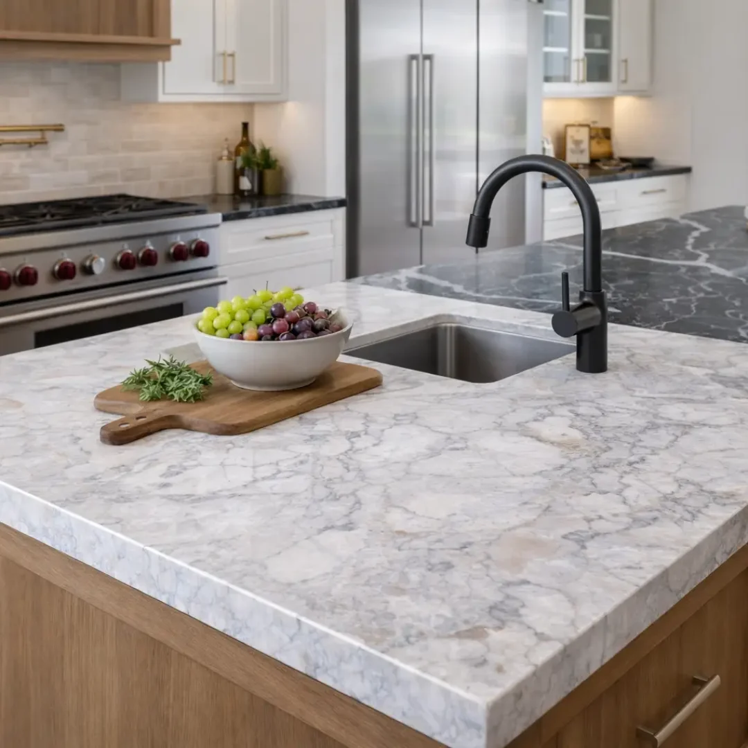 מטבח מודרני עם משטח אי משיש המציג סוגי שיש במטבח, ברז שחור ומלוטש וקערת פירות טריים על קרש עץ. מכשירי חשמל מנירוסטה וארונות לבנים משלימים את המראה המסוגנן.