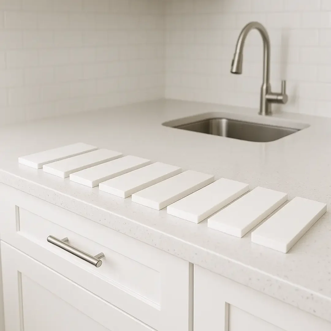 שיש לבן - למה זה עדיין הבחירה הכי פופולרית ב-2025? שמונה אריחים לבנים מלבניים מסודרים בשורה על משטח מטבח לבן, מול כיור עם ברז נירוסטה ואריחי מטרו לבנים.