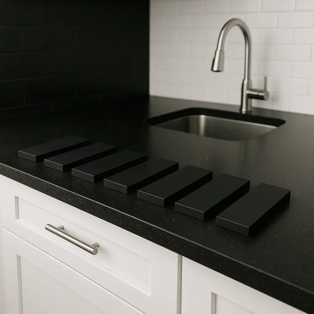 שבעה אריחים שחורים מלבניים מונחים במרווחים שווים על משטח שיש למטבח שחור במטבח מודרני עם ארון לבן, ידית כסף, כיור נירוסטה וחיפוי קיר לבן בסגנון רכבת תחתית.
